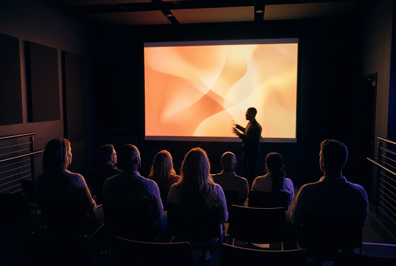 A practitioner giving a talk to an audience in front of a large screen